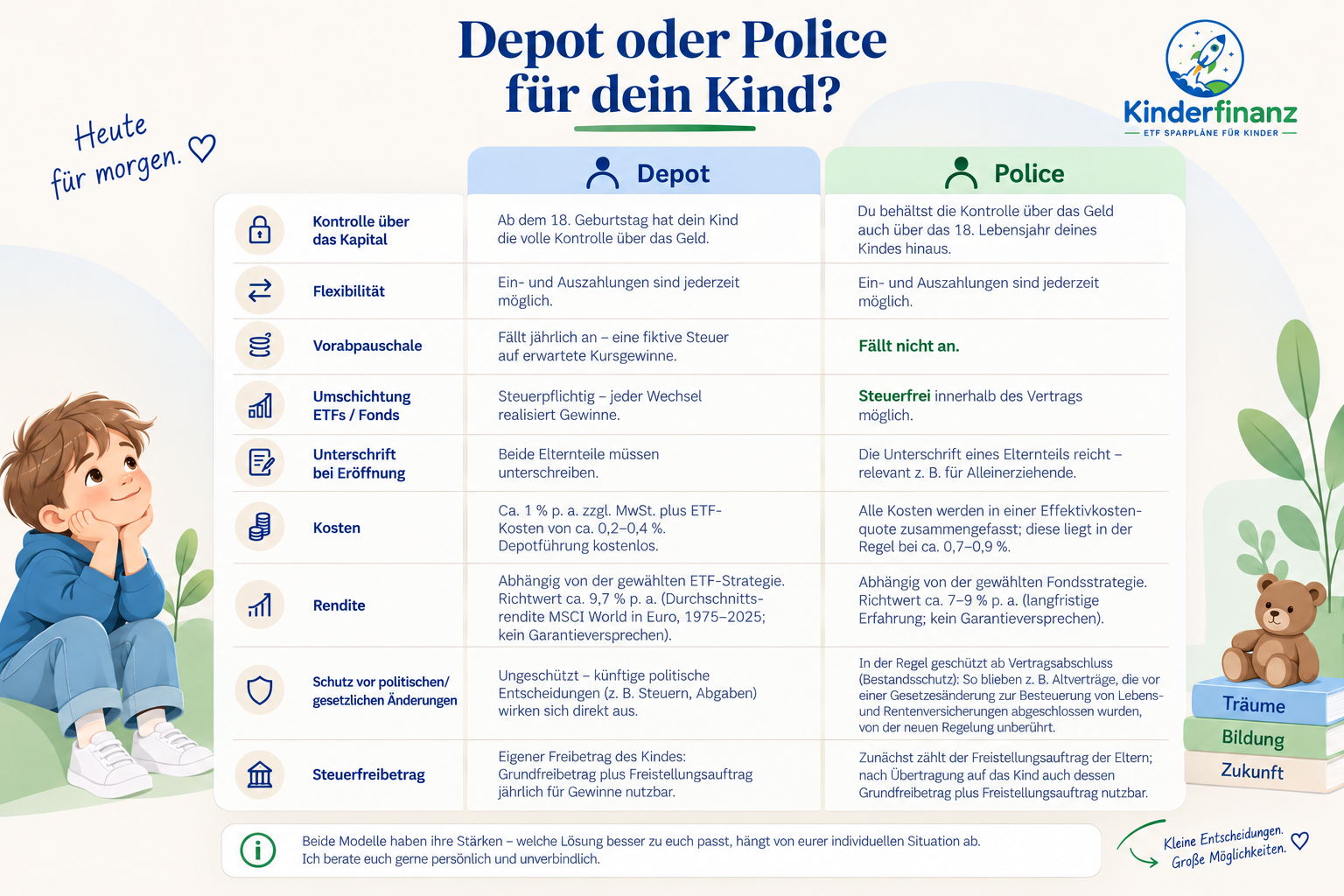 Tabelle: Junior Depot vs. Kinderpolice im Vergleich, Kontrolle über das Kapital, Flexibilität, Vorabpauschale, Umschichtung von ETFs bzw. Fonds, Unterschrift bei Eröffnung, Kosten, Rendite, Schutz vor politischen/gesetzlichen Änderungen und Steuerfreibetrag