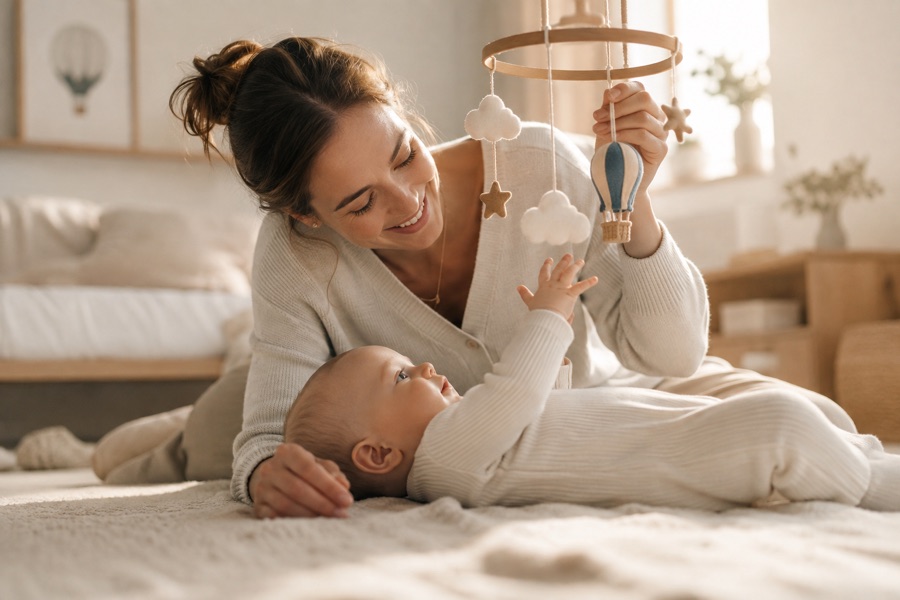 Mutter spielt mit Baby und Mobile im Kinderzimmer