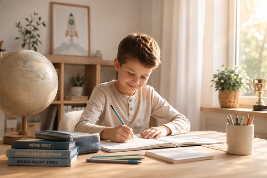 Junge macht Hausaufgaben am Schreibtisch mit Globus