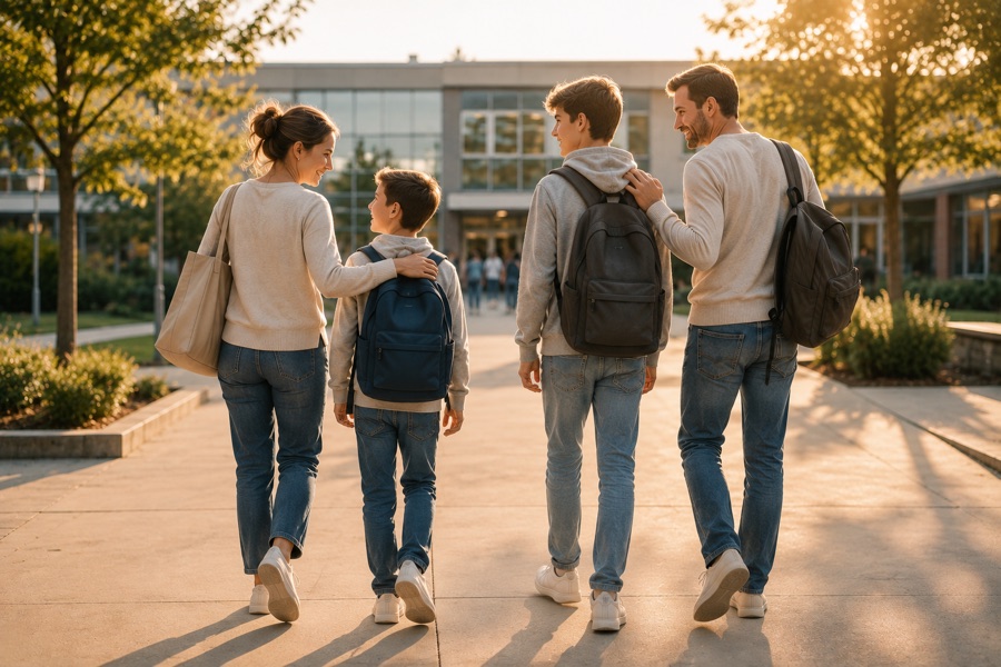 Familie geht gemeinsam mit Schulranzen zur Schule