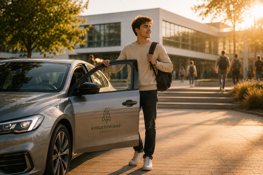 Junger Erwachsener steigt vor einem Universitätsgebäude ins Auto